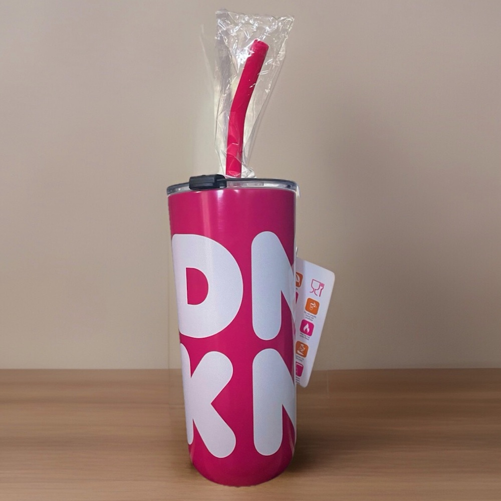 New DUNKIN 2021 - STAINLESS STEEL CUP 22 OZ. TUMBLER•2 in 1 Sipper-Pink White